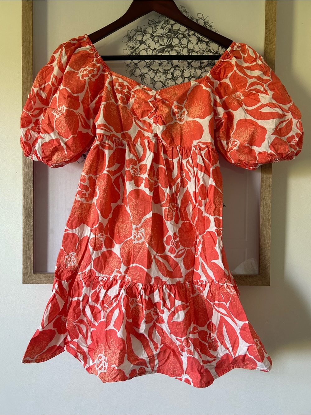 Billabong Orange and White Floral Puff-Sleeve Mini Dress
